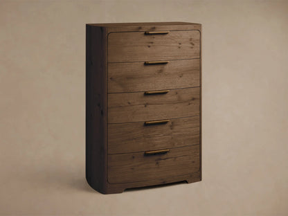 Front view of the dark brown Redding Five-Drawer Dresser, with rounded corners and antique brass handles.