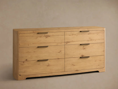 Front view of the light oak Redding Six-Drawer Dresser with rounded corners and bronze bar handles on its six drawers.