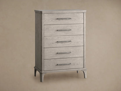 St. Martin Five-Drawer Dresser in light oak finish, features five aligned drawers with pewter handles, on a wooden floor.