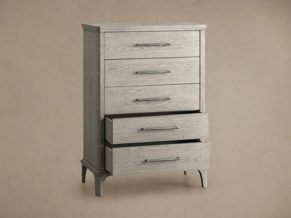 St. Martin Five-Drawer Dresser in gray oak finish, showing two drawers with pewter-finished hardware, one partially open.