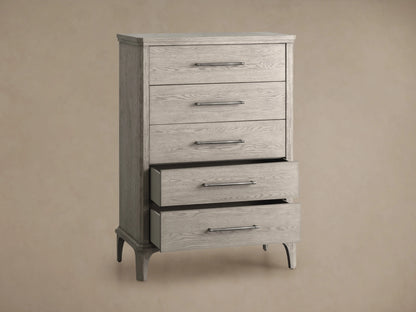 St. Martin Five-Drawer Dresser in gray oak finish, showing two drawers with pewter-finished hardware, one partially open.