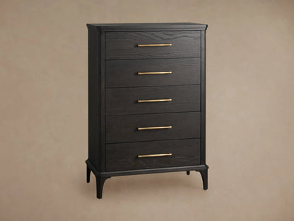 St. Martin Five-Drawer Dresser in dark oak wood with five drawers, brass-finished handles, and elevated on curved legs.