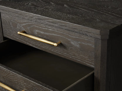 St. Martin Closed Nightstand shown in dark oak finish with three drawers. Brass-finished handles complement its craftsman design.
