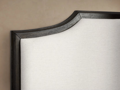 St. Martin Bed in dark oak finish with white upholstered headboard, made with clean lines and elegant design, queen size.