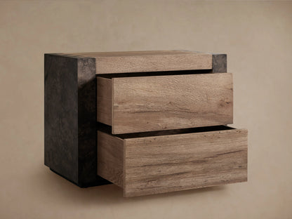 Telluride Nightstand with two drawers slightly open, showcasing solid oak wood with rustic grain, framed by dark, distressed steel panels.
