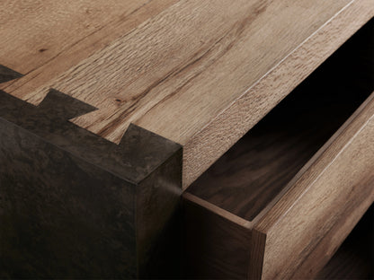 Telluride Nightstand made of solid oak and naturally oxidized steel, featuring two large drawers in a light wood finish.