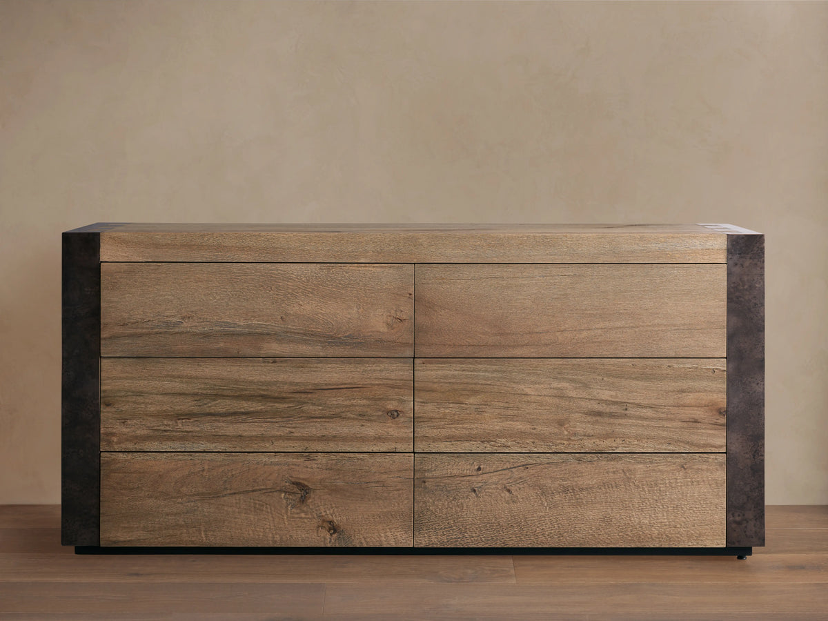 Handcrafted Telluride Six-Drawer Dresser in solid oak with naturally distressed steel accents, showcasing unique grain and texture.