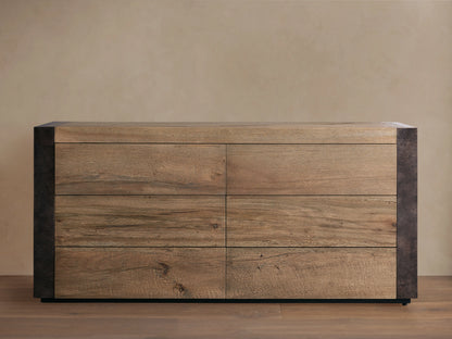 Handcrafted Telluride Six-Drawer Dresser in solid oak with naturally distressed steel accents, showcasing unique grain and texture.