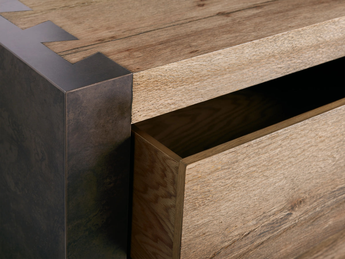 Handcrafted Telluride Six-Drawer Dresser in solid oak with naturally distressed steel accents, showcasing unique grain and texture.