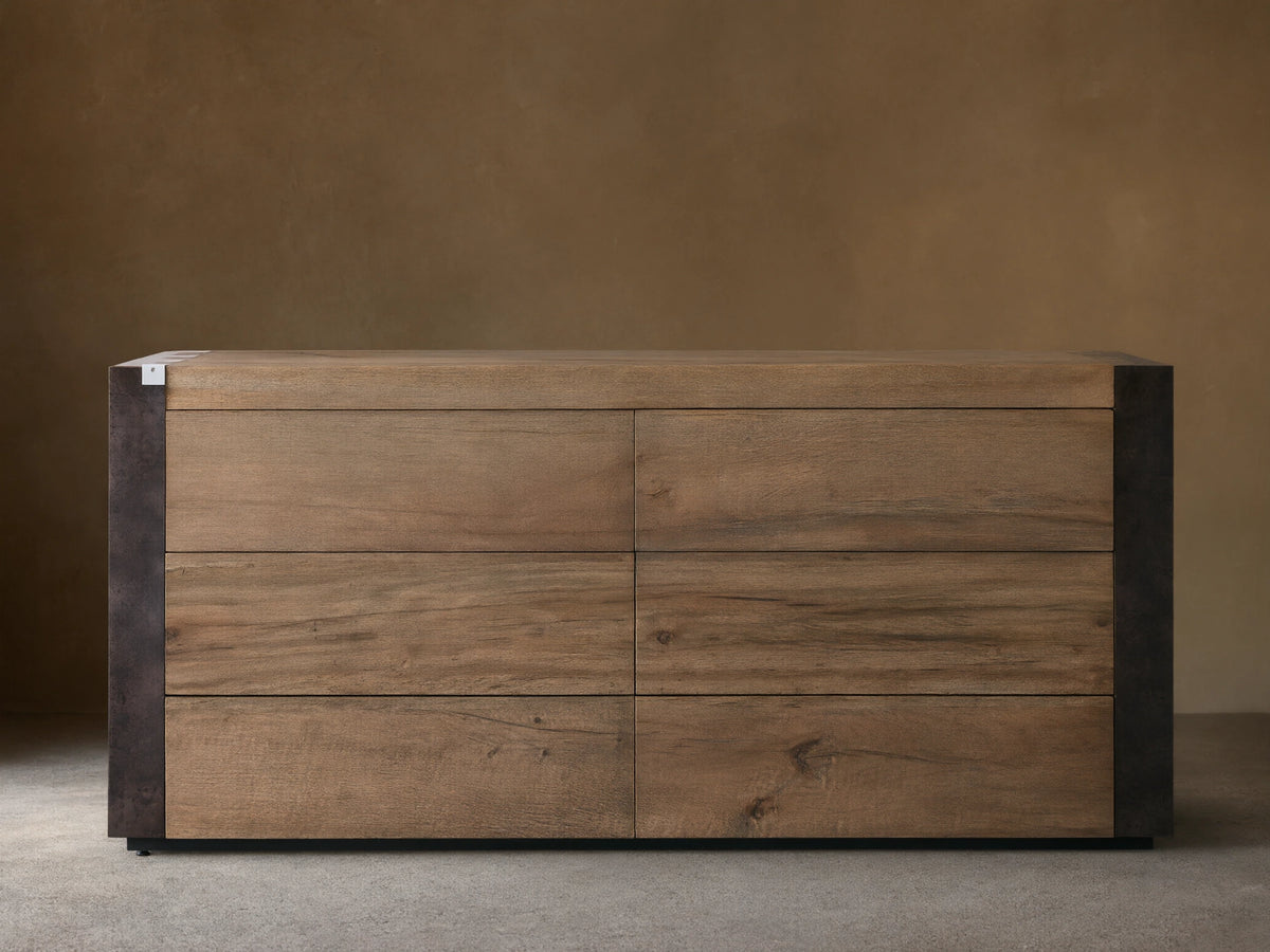 Handcrafted Telluride Six-Drawer Dresser in solid oak with naturally distressed steel accents, showcasing unique grain and texture.