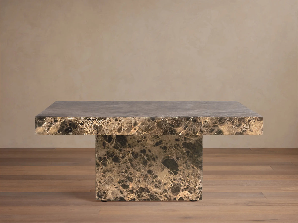 Matteo Square Coffee Table in Emperador marble: dark brown stone with intricate golden veining, solid square top & block base.