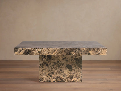 Matteo Square Coffee Table in Emperador marble: dark brown stone with intricate golden veining, solid square top & block base.