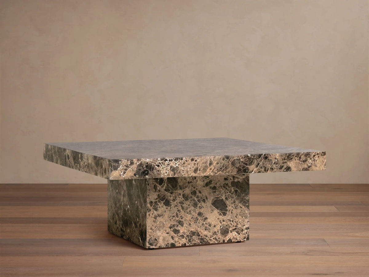 Matteo Square Coffee Table in Emperador marble: dark brown stone with intricate golden veining, solid square top & block base.