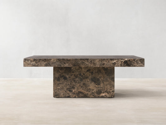 Matteo Square Coffee Table in Emperador marble: dark brown stone with intricate golden veining, solid square top & block base.