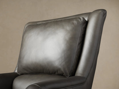 Dark grey leather Alex Desk Chair, angled right. High back, plush seat, rolled arms, 5-wheel caster base.