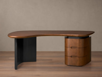 Berkley Executive Desk with a curved cherry wood top, ebony-finished oak leg, and two-drawer cabinet with inset handles.