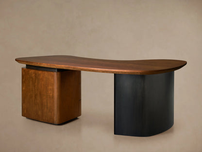 Berkley Executive Desk with a cherry wood top, curved design, inset handles, oak legs finished in ebony.