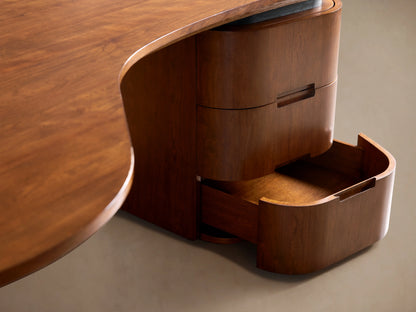 Berkley Executive Desk with a curved cherry wood top, ebony-finished oak leg, and two-drawer cabinet with inset handles.