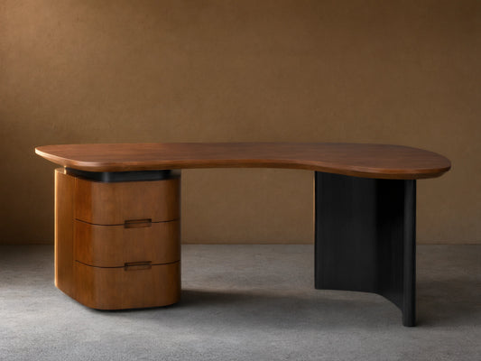 Berkley Executive Desk with a curved cherry wood top, ebony-finished oak leg, and two-drawer cabinet with inset handles.