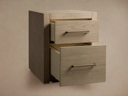 Bodhi Modular File with two open drawers, crafted from white oak with brass pulls, showing wood grain and wire-brushed finish.