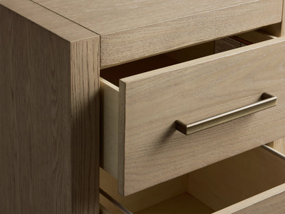 Bodhi Modular File with two drawers, solid white oak, brass pulls, wire-brushed finish, on a wooden floor, beige background.