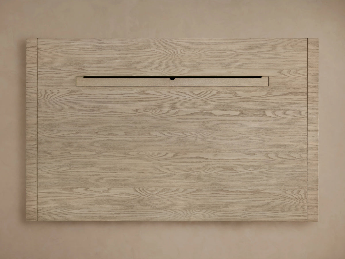 Bodhi Modular Desk top view showing a natural wood grain surface in white oak with a central cord management compartment.