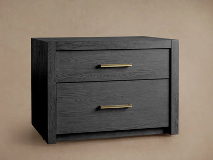 Bodhi Modular File in dark wire-brushed finish, featuring two drawers with brass pulls on a wooden floor background.