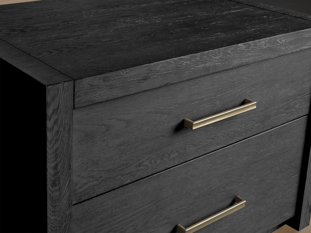 A dark wood two-drawer Bodhi Modular File with brass handles, featuring a wire-brushed finish on a neutral background.