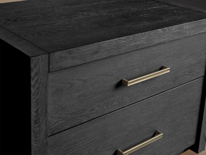 A dark wood two-drawer Bodhi Modular File with brass handles, featuring a wire-brushed finish on a neutral background.
