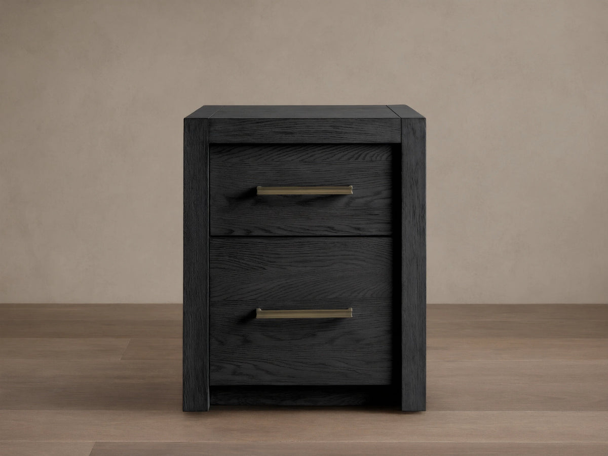 Bodhi Modular File in black oak, featuring two drawers with brass pulls on a wood floor. The design is simple and modern.