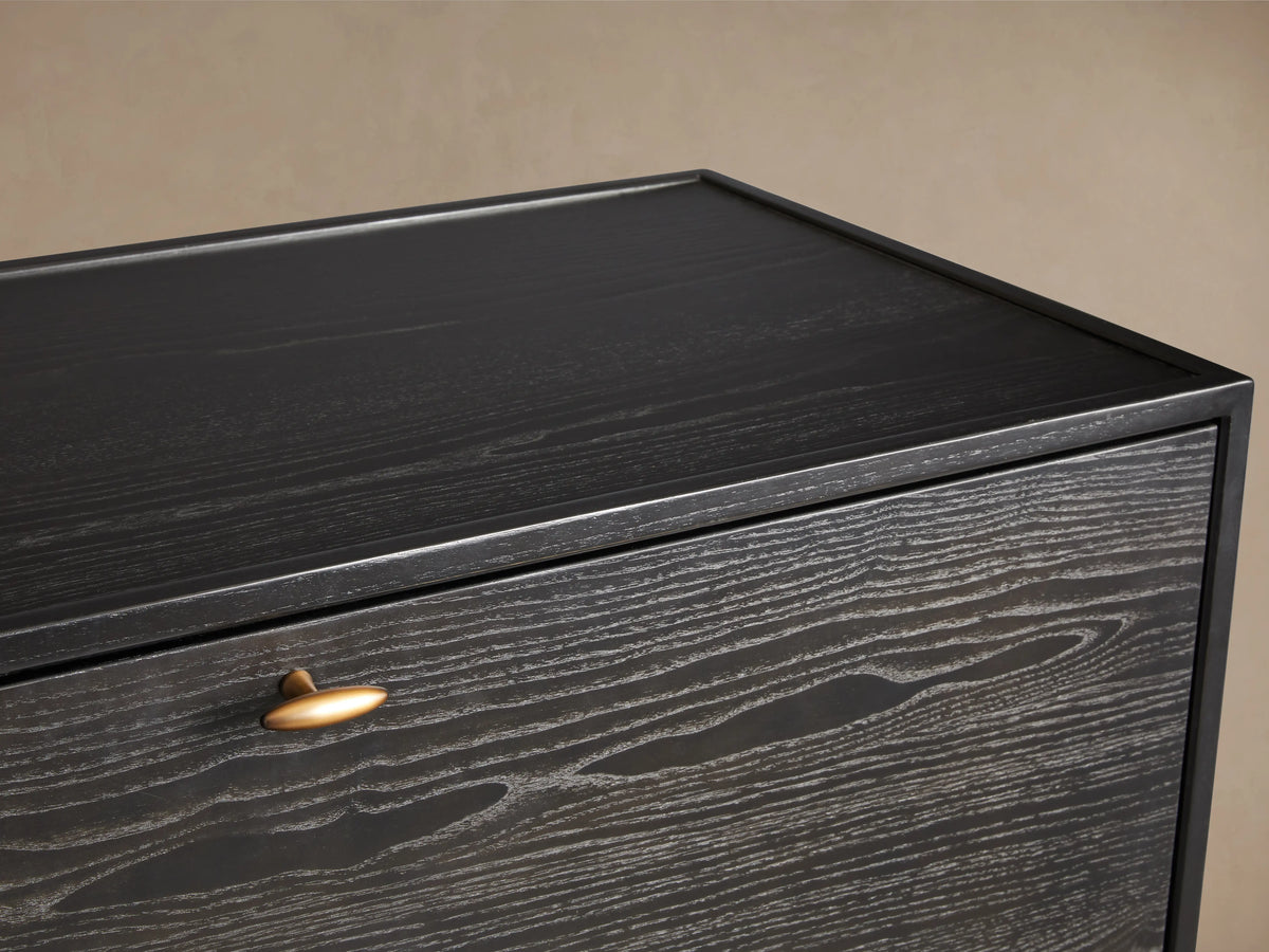 Brock Hideaway Desk in dark ash wood with visible grain pattern, features a gold knob and smooth top with clear lacquer finish.