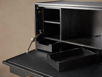 Brock Hideaway Desk with ash wood finish, open compartments, leather writing surface, and visible internal storage shelves.