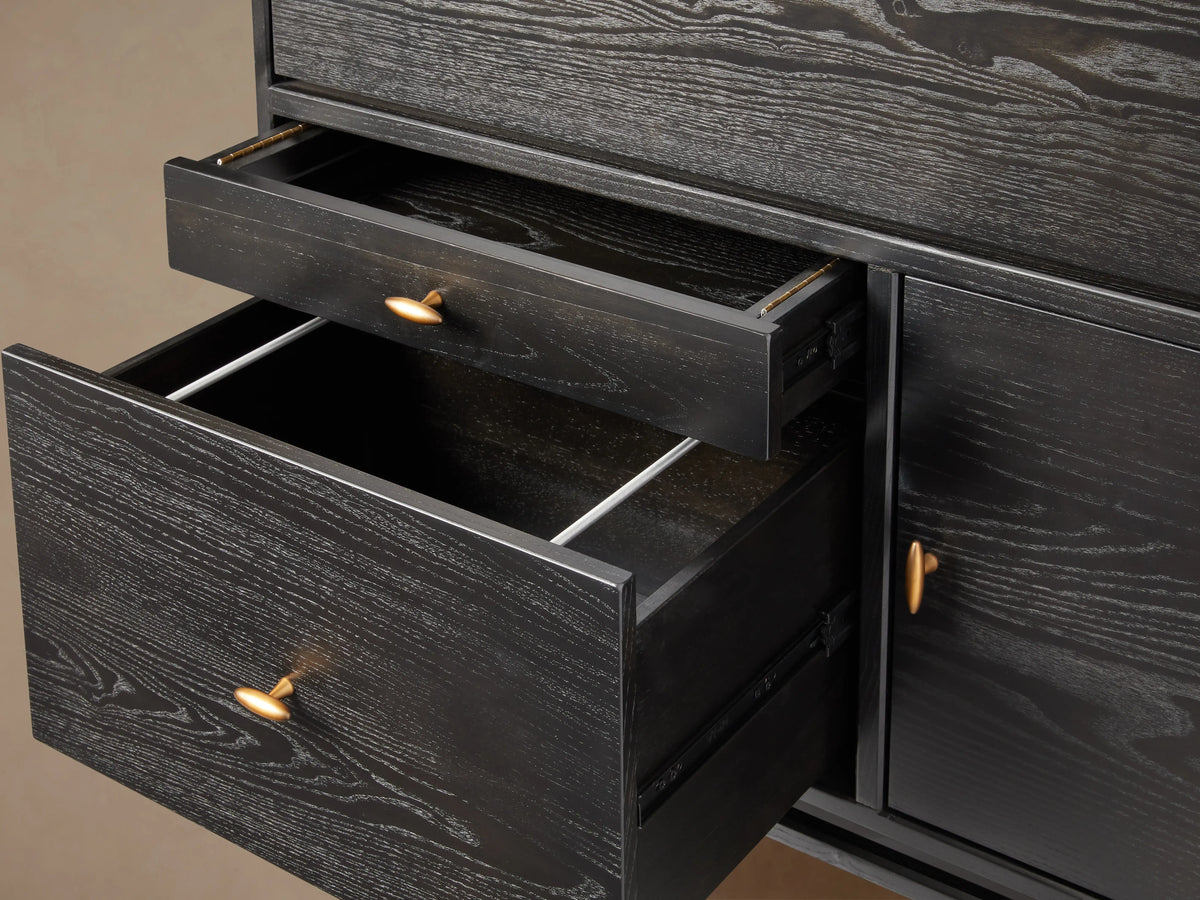 Black Brock Hideaway Desk with two drawers open, featuring brass knobs and visible wood grain texture on ash wood surface.