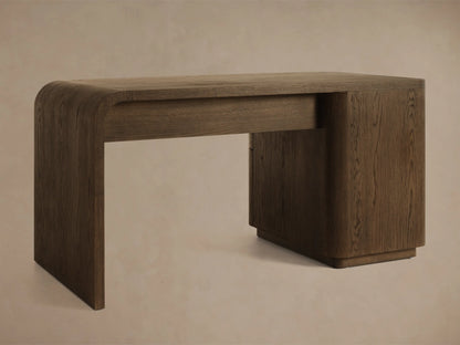 Close-up of a dark brown wooden cabinet with distinct grain, curved bottom edges, and a black vertical bar handle.
