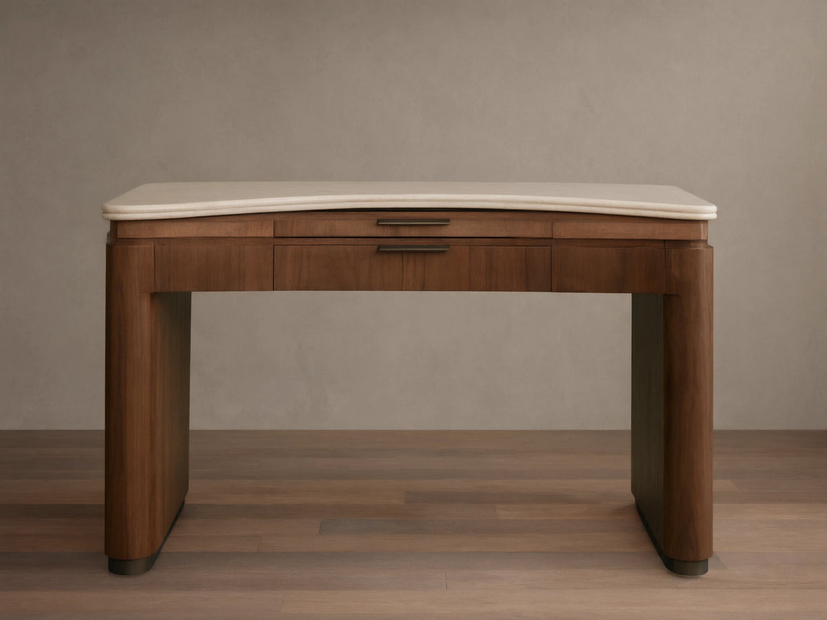 Caden Writing Desk with a cream marble top, dark walnut wood frame with rounded legs, and a central drawer.