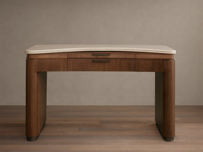 Caden Writing Desk with a cream marble top, dark walnut wood frame with rounded legs, and a central drawer.