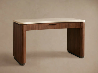 Caden Writing Desk with a cream marble top, dark walnut wood frame with rounded legs, and a central drawer.