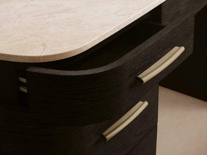 Front view of the dark espresso Danny Executive Desk with a white marble top and seven drawers with brass pulls.