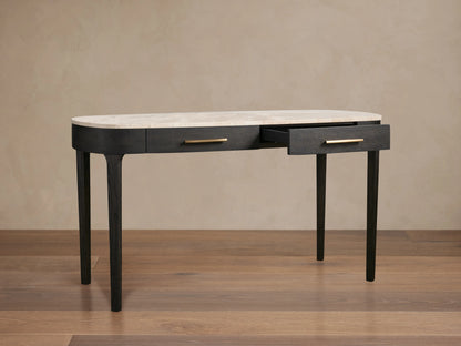Danny Writing Desk, ebony wood base, elliptical royal cream marble top. One drawer open with brass hardware.