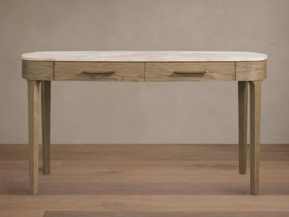 Danny Writing Desk with an oval white marble top, two fawn wood drawers with brass pulls, and four tapered legs.