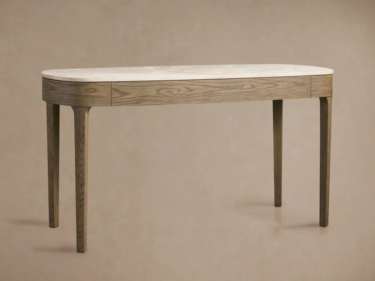 Danny Writing Desk with a cream marble top and fawn oak veneer frame, featuring rounded ends and four legs, centered on a light background.