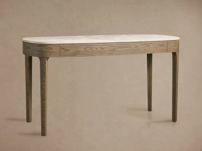 Danny Writing Desk with a cream marble top and fawn oak veneer frame, featuring rounded ends and four legs, centered on a light background.