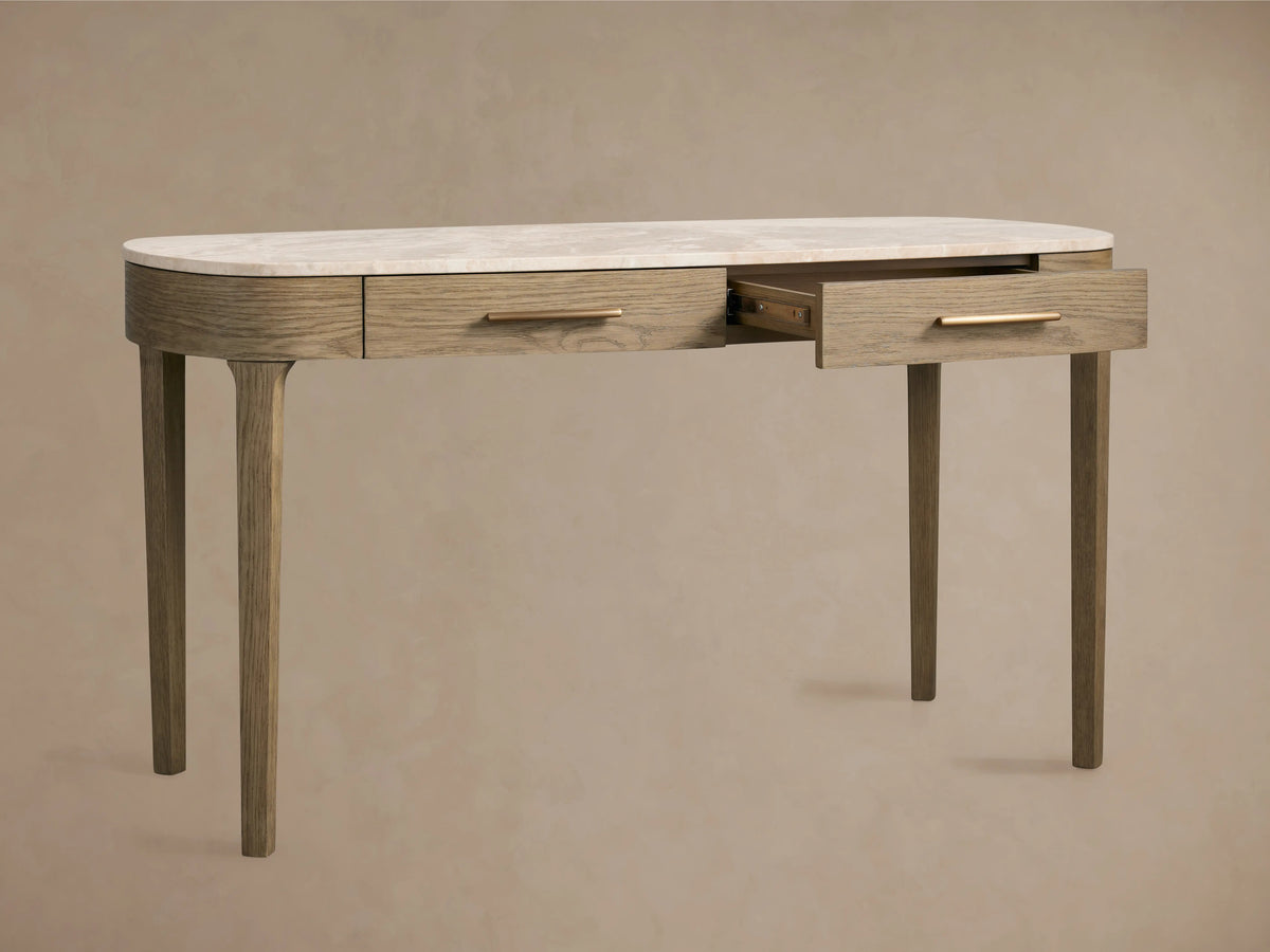 Danny Writing Desk with fawn oak veneer, oval white marble top. Right drawer partially open, showing brass handle and interior.