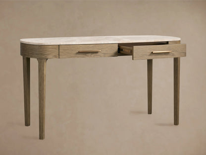 Danny Writing Desk with fawn oak veneer, oval white marble top. Right drawer partially open, showing brass handle and interior.