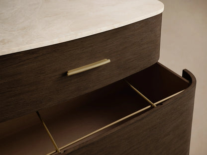 Front view of the dark brown oak veneer Danny File Cabinet with two drawers, brass handles, and white Carrara marble top.