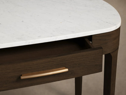 Front view of the Danny Writing Desk with a white Carrara marble top, dark brown oak veneer body, and two drawers with brass handles.