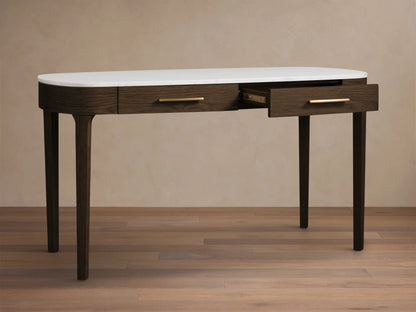 Front view of the dark oak Danny Writing Desk featuring a white Carrara marble top, two subtle drawers, and tapered legs.