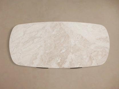 Front view of the Danny Writing Desk with an oval white Carrara marble top, dark oak veneer body, and brass-finished handles.