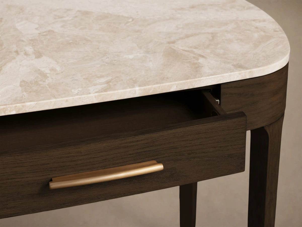 Top view of the Danny Writing Desk‚Ñ¢ with an earth-toned royal cream marble top featuring natural mineral deposits and swirling.