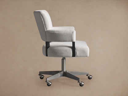 Fallyn Desk Chair with light grey CryptonÂ® fabric, padded seat and backrest, black legs, neutral background.